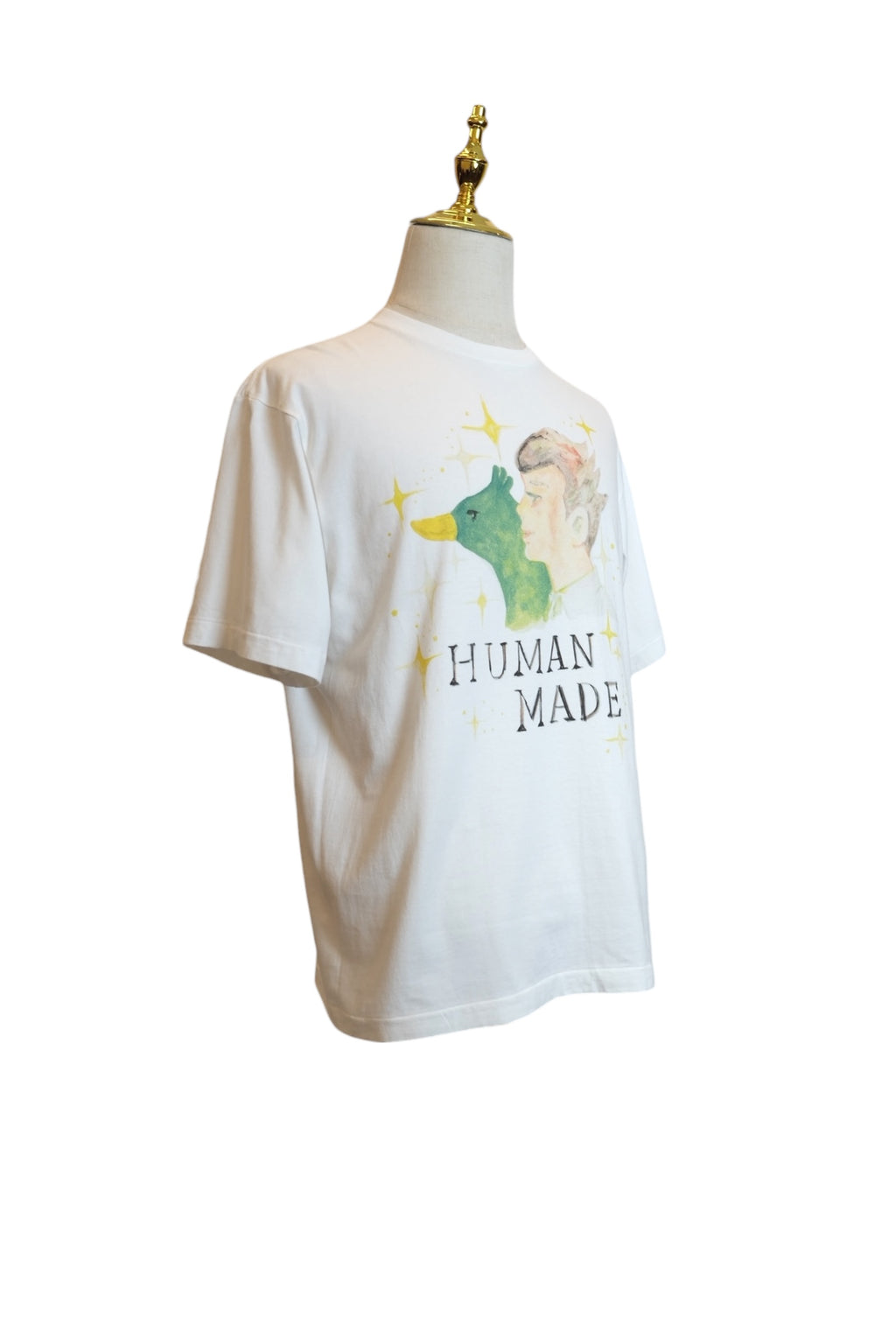 Human made T-shirt L White a man and a duck watching together