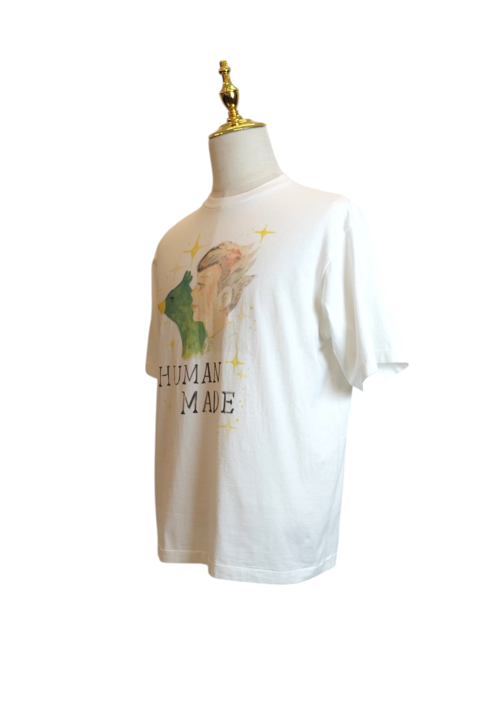 Human made T-shirt L White a man and a duck watching together